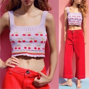 Zara Cherry Knit Cropped Top Purple Small